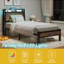 3ft Single Bed Frame with Charging Station and LED Lights, Wood Headboard with Storage Shelves Image 3