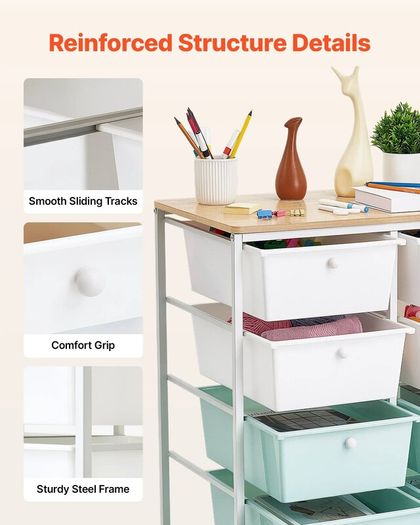 Rolling Cart with Drawers, Double Row 10 Drawer Storage Organizer, Mobile Utility Cart, Wood Top, Steel Frame