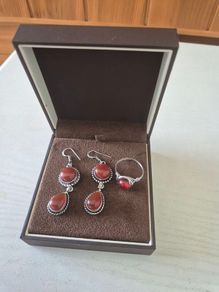 Sterling silver deep red stone drop earrings and ring set