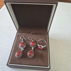 Sterling silver deep red stone drop earrings and ring set
