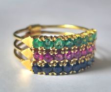 14ct Gold Sapphire, Ruby And Emerald, Harem Ring. High Quality Precious Stones.