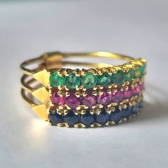 14ct Gold Sapphire, Ruby And Emerald, Harem Ring. High Quality Precious Stones.