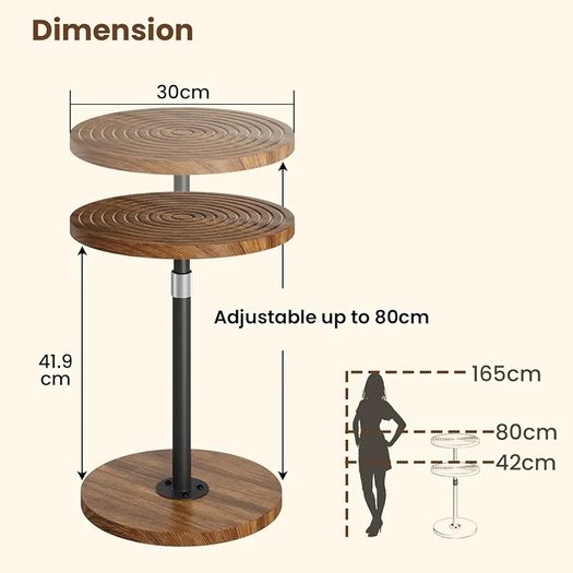 Small Side Table, Adjustable-Height Round Drink Table for Small Spaces, Pedestal Martini Table, Cocktail Tables Weighted Base for Living Room, Bedroom, Bathroom, Office, Walnut