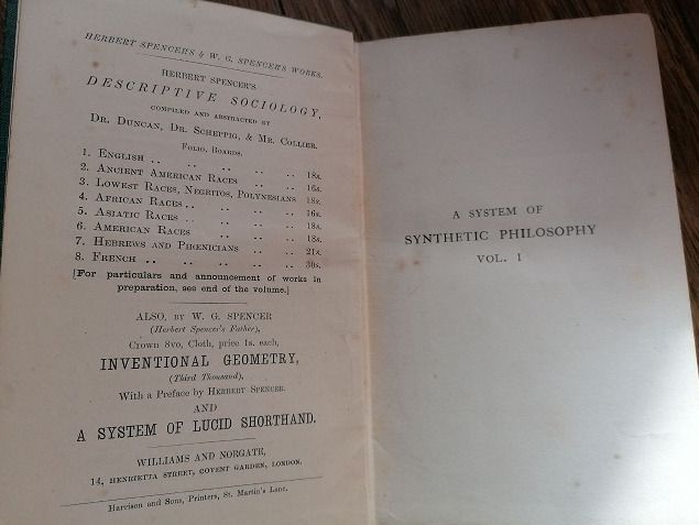 Hardcover book First Principles - A System of Synthetic Philosophy vol. 1 Herbert Spencer