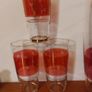 Fabulous Vintage Retro Mid-Century-Modern Hand Blown Tall Glass Pitcher with Three Matching Glasses in Clear Glass with Red Banding and Gold Gilt Banding and Cut Glass Star Pattern - Perfect for Summer Cocktails! Image 3