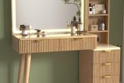110 cm Fluted Vanity Desk with Glass Top, Modern Makeup Desk with 5 Drawers and Shelves for Bedroom-US-style plug