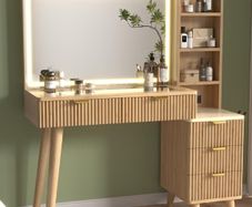 110 cm Fluted Vanity Desk with Glass Top, Modern Makeup Desk with 5 Drawers and Shelves for Bedroom-US-style plug
