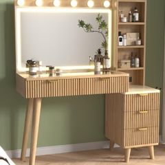 110 cm Fluted Vanity Desk with Glass Top, Modern Makeup Desk with 5 Drawers and Shelves for Bedroom-US-style plug