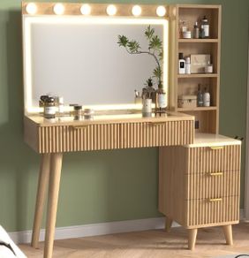 110 cm Fluted Vanity Desk with Glass Top, Modern Makeup Desk with 5 Drawers and Shelves for Bedroom-US-style plug