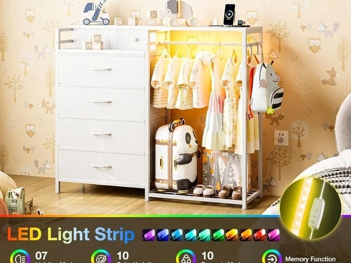 Chest of Drawers Bedroom with Hanging Rail, 110x30x106cm, White  Built-in LED Lighting and Power Socket, Reversible 6-Drawer Design, Fabric Chest of Drawers for Bedrooms and Living Rooms