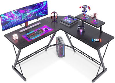 L-Shape Desk, Computer Desk, Modern & Robust Office Table, Work Table, Gaming Table with Monitor Shelf, Black 130 x 130 x 46 cm