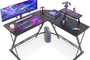 _L-Shape Desk, Computer Desk, Modern &amp; Robust Office Table, Work Table, Gaming Table with Monitor Shelf, Black 130 x 130 x 46 cm