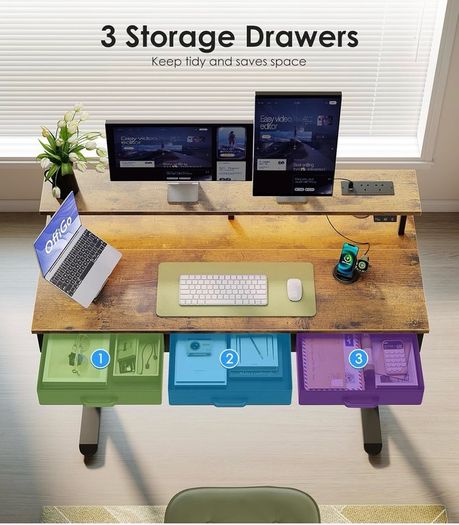 Electric Standing Desk, 120 x 54cm Height Adjustable Desk with 3 Drawers, RGB LED Strip & Charging Station