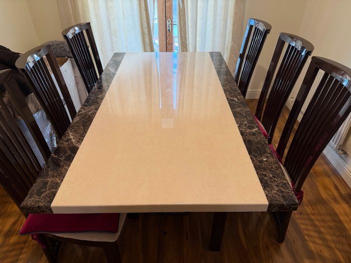 Marble Dining Table + 6 High-Back Chairs