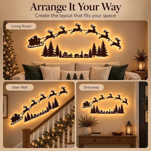LED Reindeer Santa Sleigh Wall Deco Festive Christmas Lighting (100cm) 3D Light-Up Wooden Reindeer Christmas Decor, DIY fXmas Glow Wall Silhouette Lights,for Home Window Party Decoration