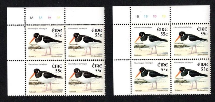 2002-04 Ireland Tenth Definitive Stamp Series Birds 55c Oystercatcher Plate Block 1A1A1A1A & 1B1B1B1B Mint Never Hinged (MNH)