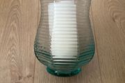 Large 8.5" tall flarred scalloped Aqua Glass Candle Holder or Vase with LED Candle