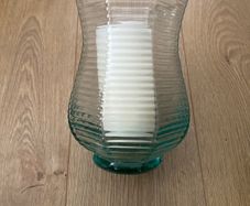 Large 8.5" tall flarred scalloped Aqua Glass Candle Holder or Vase with LED Candle