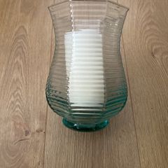 Large 8.5" tall flarred scalloped Aqua Glass Candle Holder or Vase with LED Candle