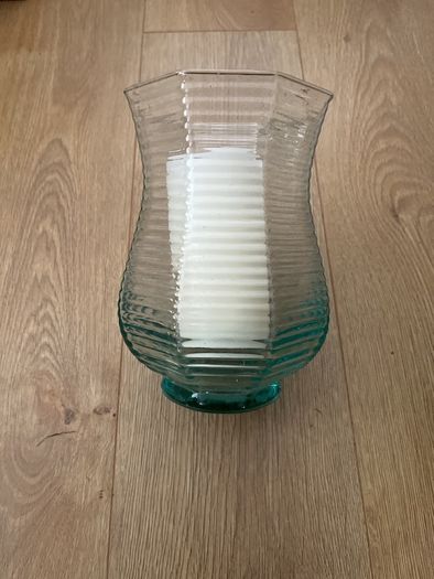 Large 8.5" tall flarred scalloped Aqua Glass Candle Holder or Vase with LED Candle
