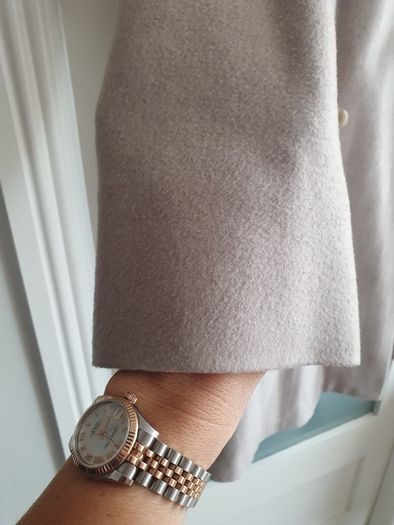 M&S wool and cashmere mix light taupe longline coat with detachable luxurious faux fur collar Sz 12 L (Fit 14-16UK)