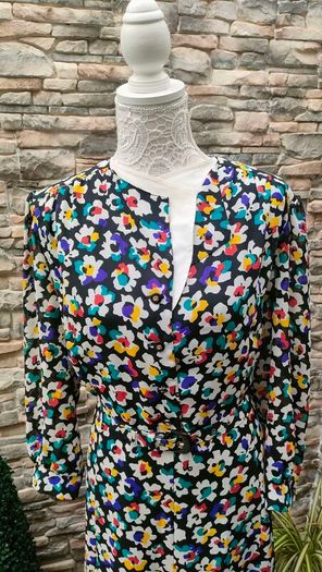 Vintage black floral A-line dress with detachable collar and belt size M or L