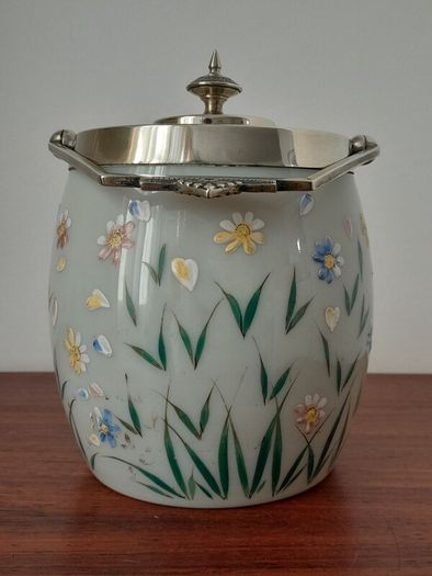 Antique Hand Enamelled Opaline Biscuits Jar 1890s