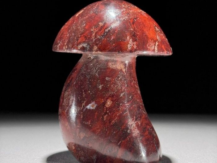 3 Hand-Carved Red Jasper Mushroom Sculptures - Natural Stone