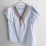 Pre Owned Blue & White Striped Embroidered V-Neck Top with Ruffle Sleeves Image 3