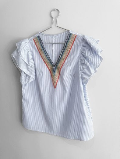 Pre Owned Blue & White Striped Embroidered V-Neck Top with Ruffle Sleeves