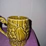 Vintage Japanese green embossed ceramic pair of mugs and milk jug Image 4