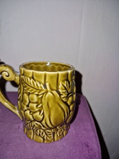 Vintage Japanese green embossed ceramic pair of mugs and milk jug