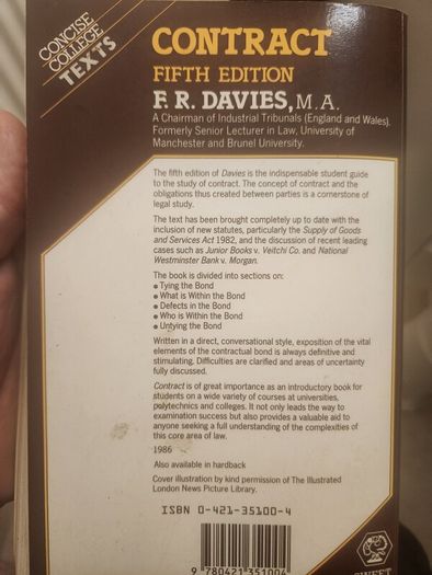 Contract.  Fifth Edition. By F.r. Davies. Concise College Text. 1986 Paperback In Good Condition. See Photos For Same.