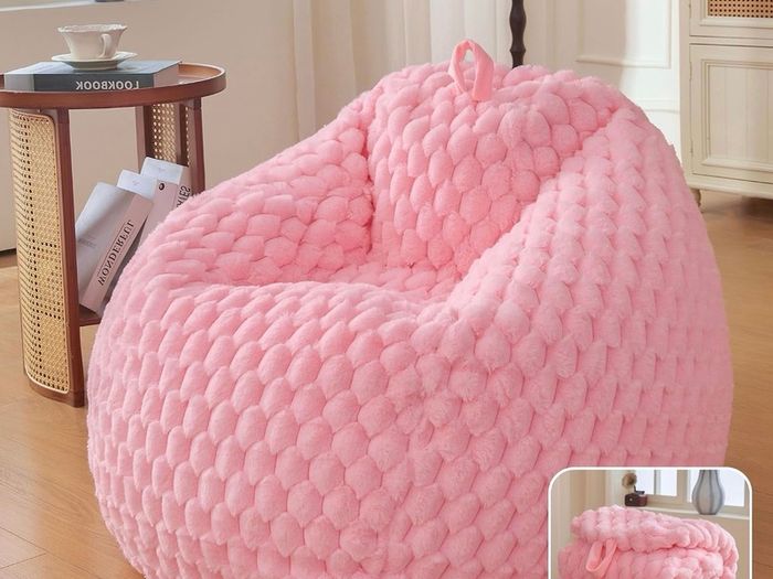 Luxury Bubble Fluffy Faux Rabbit Fur Bean Bag Cover(No Filler), Pink No-Shed, Non-Slip Bottom, Wrap-Around Zipper, Washable, Sweet Stuffed Animal Storage Beanbag Cover for Kids Teens Girls Adult