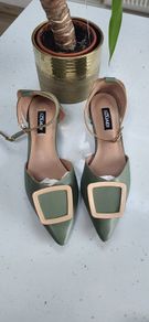 KOUAIDI moss green leather pointed flats with ankle strap - Sz 41 (Fit7UK) - Bnwot