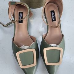 KOUAIDI moss green leather pointed flats with ankle strap - Sz 41 (Fit7UK) - Bnwot