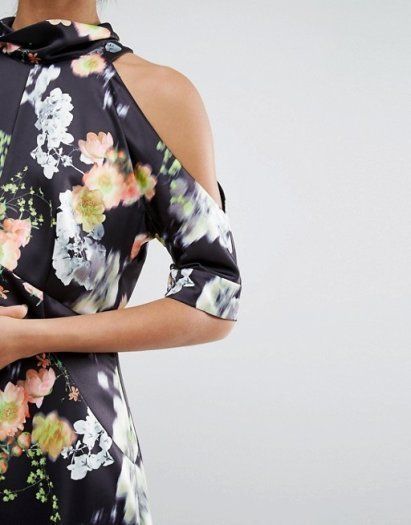 WHISTLES Floral Print Cold Shoulder Silhouette Dress