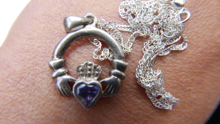 Vintage Amethyst Claddagh Irish Symbol, 925 Sterling Silver Heart Crown and Hands; 925 Irish Symbol Pendant Necklace with Amethyst 18"