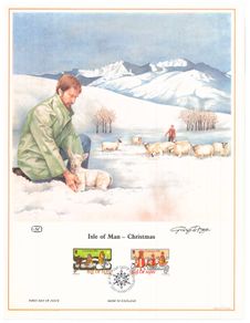 1983 Isle of Man Limited Edition Lithographed Print measuring 333mm X 257mm showing Christmas Commemorative Stamps with First Day of Issue Cancel