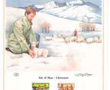 1983 Isle of Man Limited Edition Lithographed Print measuring 333mm X 257mm showing Christmas Commemorative Stamps with First Day of Issue Cancel