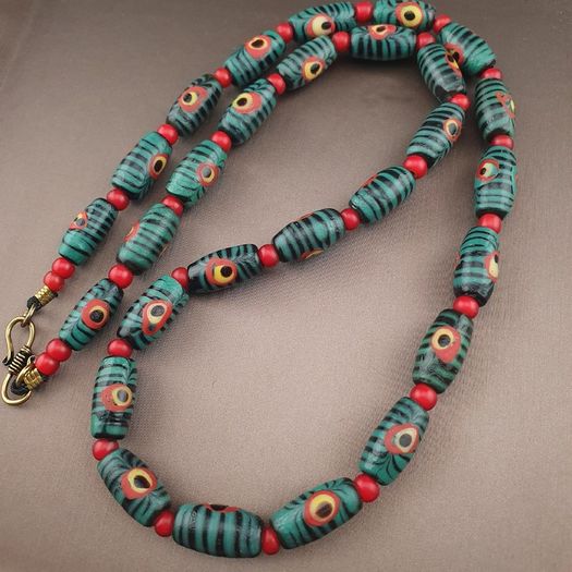 Antique Gabri Eyes Feather Desgin & Venetian Whiteheart Glass Beads Necklace