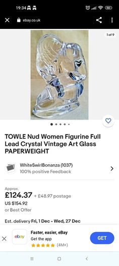 TOWLE Nud Women Figurine Full Lead Crystal Vintage Art Glass PAPERWEIGHT
