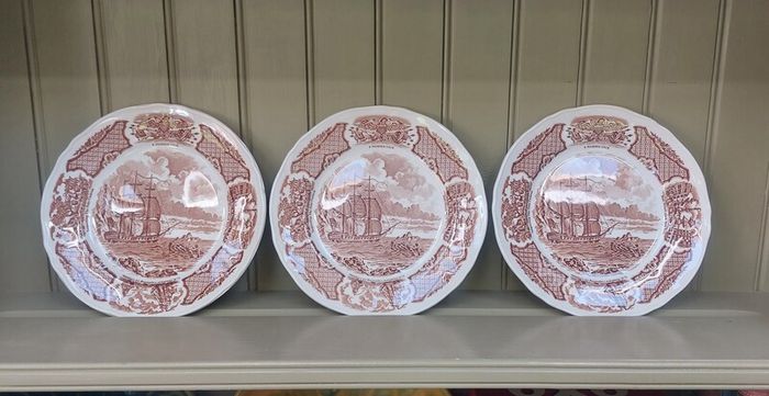 Vintage Set of Six Brown and White Fair Winds, Historical Scenes of Chinese Export to America - "The George Washington at Anchor" Salad Plates by Alfred Meakin