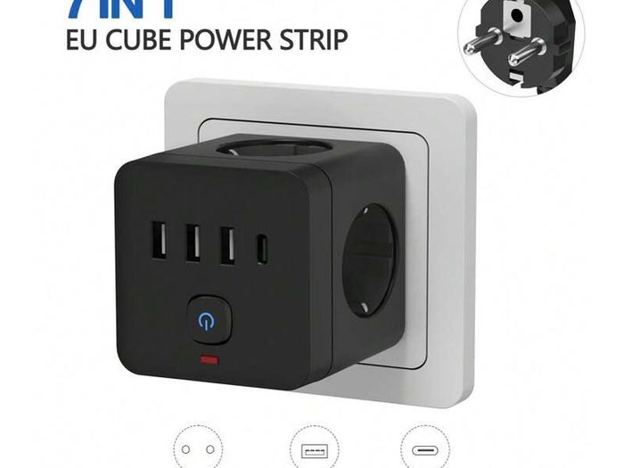 7-in-1 Travel EU Power Strip USB Type C Power Strip Surge Protector, 3 AC Outlets 3 USB 1 Type-C, Desktop Charging Station With Overload Protection