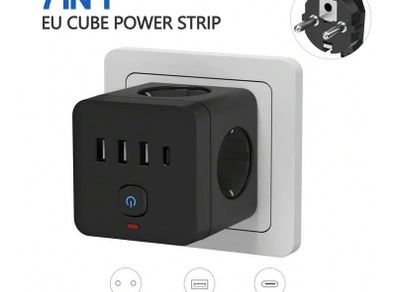 7-in-1 Travel EU Power Strip USB Type C Power Strip Surge Protector, 3 AC Outlets 3 USB 1 Type-C, Desktop Charging Station With Overload Protection