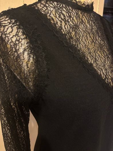 Mint Velvet - Black V Neck Top with Black Lace Sleeves and Neckline Size Medium