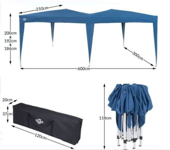 3 x 6 m Pop-Up Blue Gazebo Water-Repellent Includes Bag UV Protection