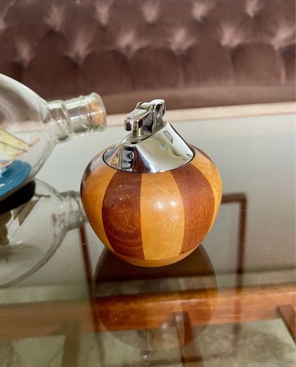 Ronson Carousel Vintage Table Lighter Mid Century Modern Wood Chrome England 1950s to 60s