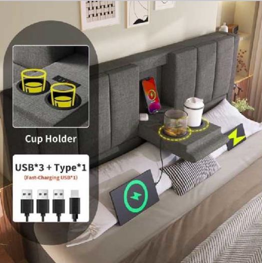 Grey Linen Super King Size Bed with storage,USB ports and cup holders