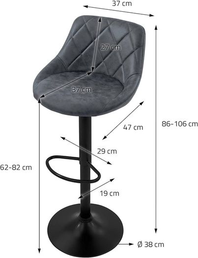 Set of 2 Bar Stools, Anthracite, Adjustable Height, Faux Leather, 360 Swivel, Padded Seat with Backrest & Footrest, Modern Counter Height Bar Chairs for Kitchen, Home Bar & Bistro